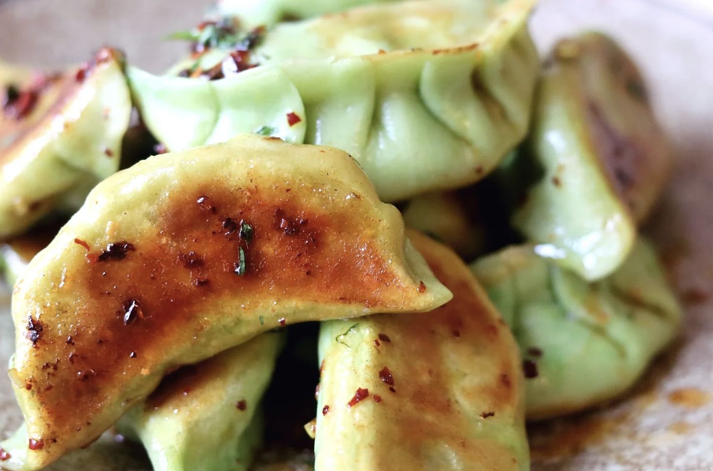 Spinach Pork Gyoza - Chilli Oil