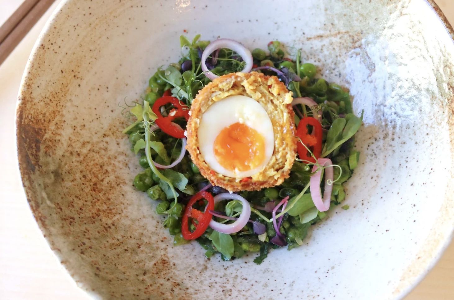 Vietnemese Scotch Eggs Warm Pea and Herb Salad