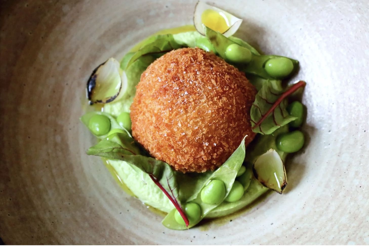 Curried Haddock Korokke - Edamame - Curry Oil