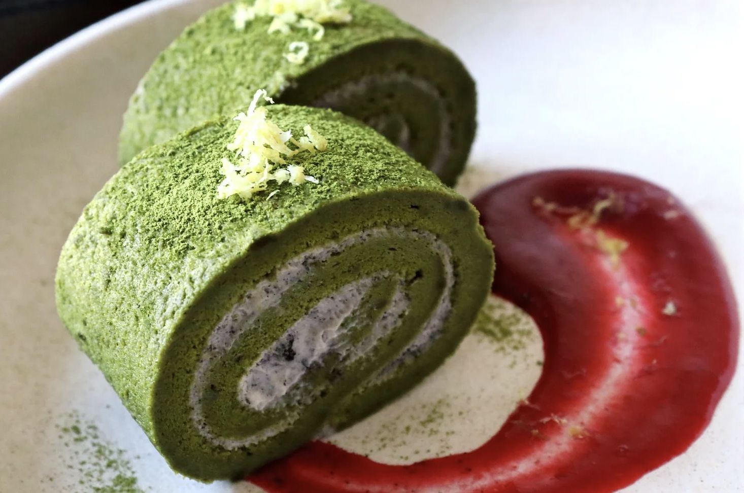 Matcha Black Sesame Roll Cake and Berries