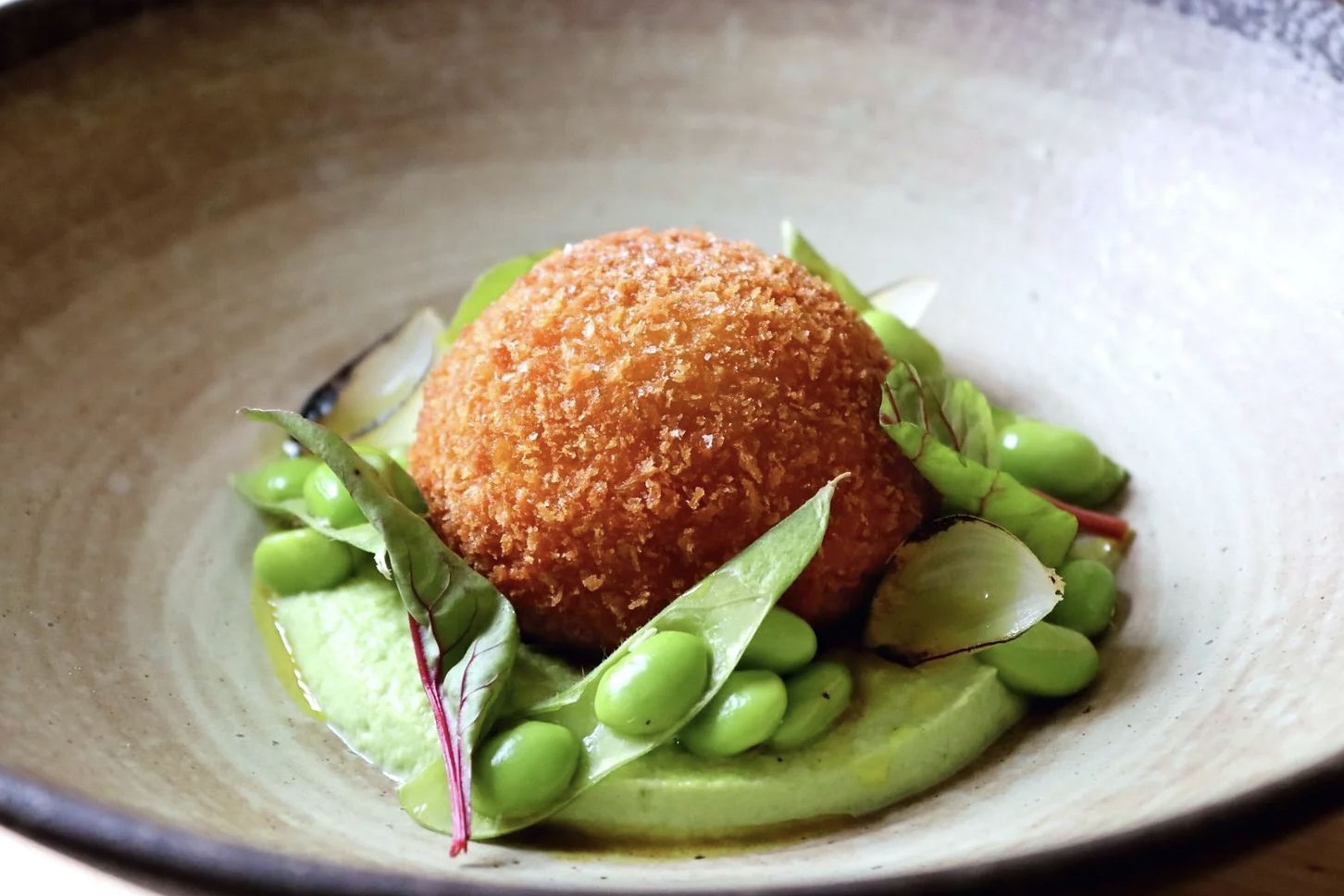 Curried Haddock Korokke - Edamame - Curry Oil