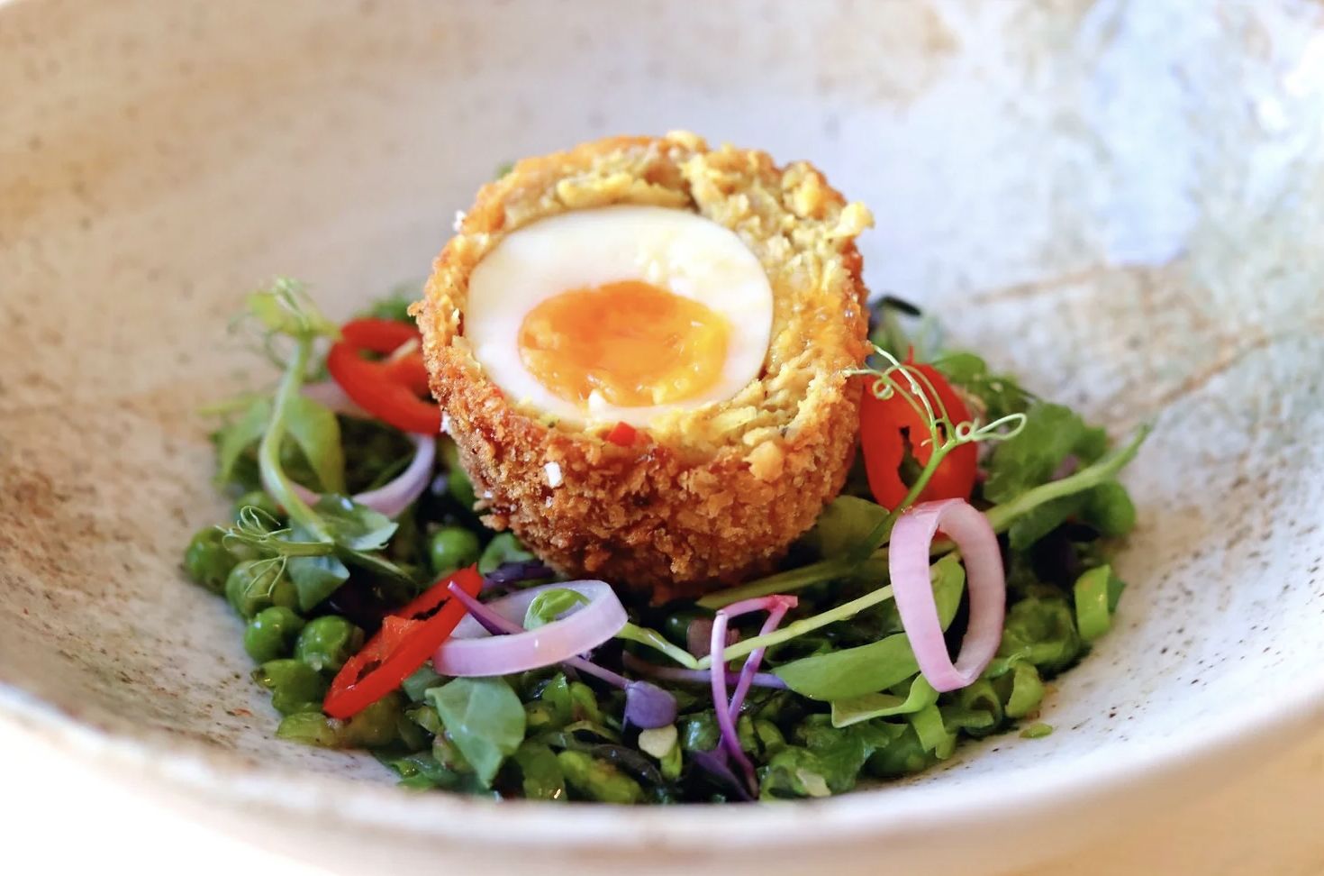 Vietnemese Scotch Eggs Warm Pea and Herb Salad