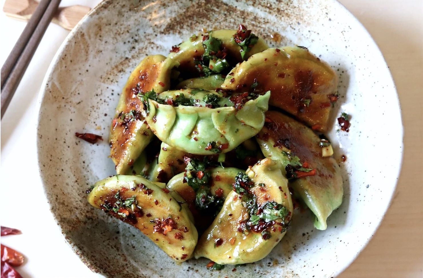 Spinach Pork Gyoza - Chilli Oil